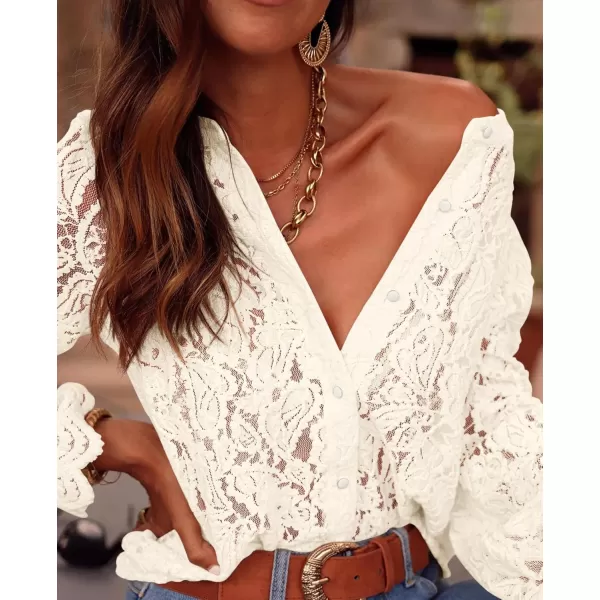 PRETTYGARDEN Womens Dressy Casual Lace Blouse Long Sleeve Button Up Shirts Tops Fall Fashion ClothesBeige