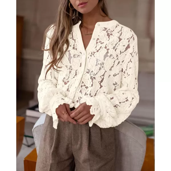 PRETTYGARDEN Womens Dressy Casual Lace Blouse Long Sleeve Button Up Shirts Tops Fall Fashion ClothesBeige