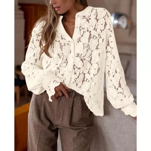 PRETTYGARDEN Womens Dressy Casual Lace Blouse Long Sleeve Button Up Shirts Tops Fall Fashion ClothesBeige