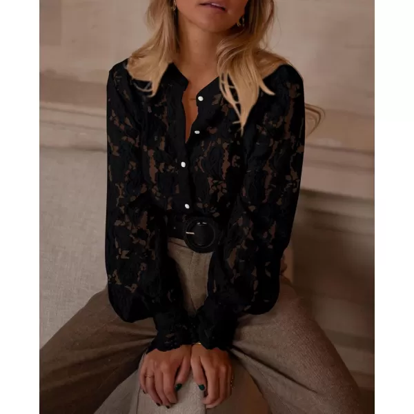 PRETTYGARDEN Womens Dressy Casual Lace Blouse Long Sleeve Button Up Shirts Tops Fall Fashion ClothesBlack