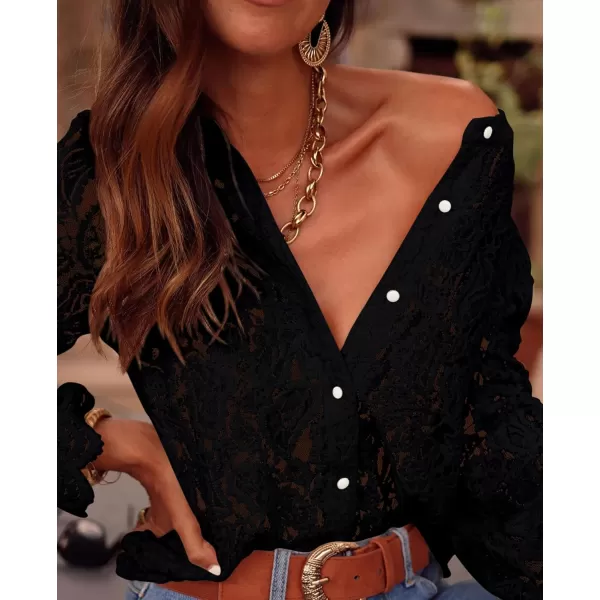 PRETTYGARDEN Womens Dressy Casual Lace Blouse Long Sleeve Button Up Shirts Tops Fall Fashion ClothesBlack