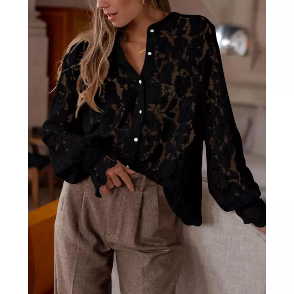 PRETTYGARDEN Womens Dressy Casual Lace Blouse Long Sleeve Button Up Shirts Tops Fall Fashion ClothesBlack