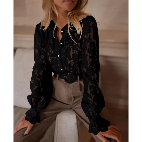 PRETTYGARDEN Womens Dressy Casual Lace Blouse Long Sleeve Button Up Shirts Tops Fall Fashion ClothesBlack