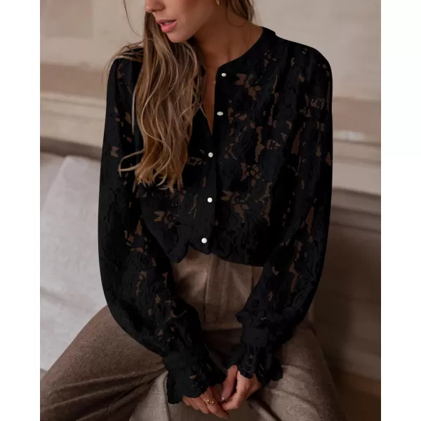 PRETTYGARDEN Womens Dressy Casual Lace Blouse Long Sleeve Button Up Shirts Tops Fall Fashion ClothesBlack
