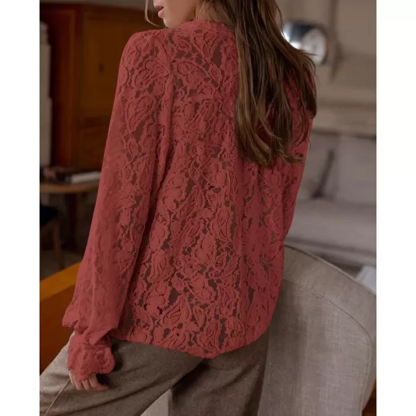 PRETTYGARDEN Womens Dressy Casual Lace Blouse Long Sleeve Button Up Shirts Tops Fall Fashion ClothesBrown Red