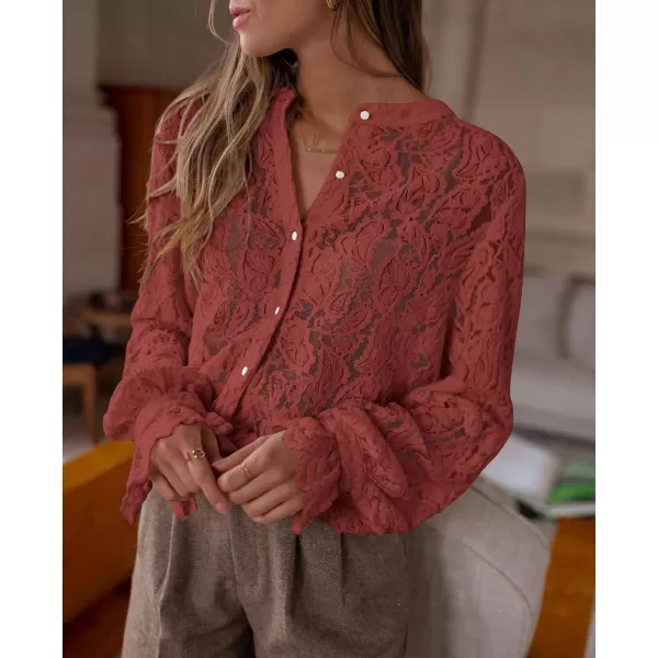 PRETTYGARDEN Womens Dressy Casual Lace Blouse Long Sleeve Button Up Shirts Tops Fall Fashion ClothesBrown Red