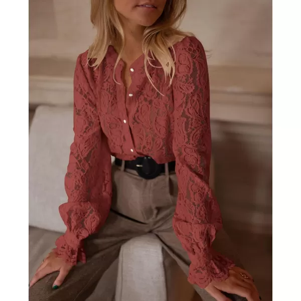 PRETTYGARDEN Womens Dressy Casual Lace Blouse Long Sleeve Button Up Shirts Tops Fall Fashion ClothesBrown Red