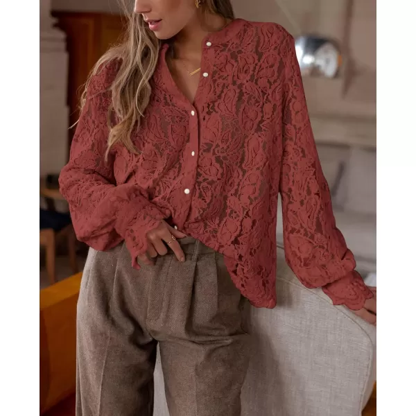 PRETTYGARDEN Womens Dressy Casual Lace Blouse Long Sleeve Button Up Shirts Tops Fall Fashion ClothesBrown Red