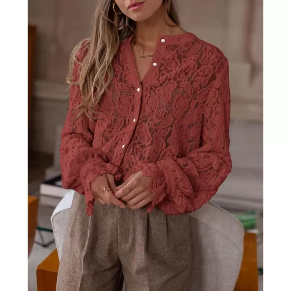 PRETTYGARDEN Womens Dressy Casual Lace Blouse Long Sleeve Button Up Shirts Tops Fall Fashion ClothesBrown Red