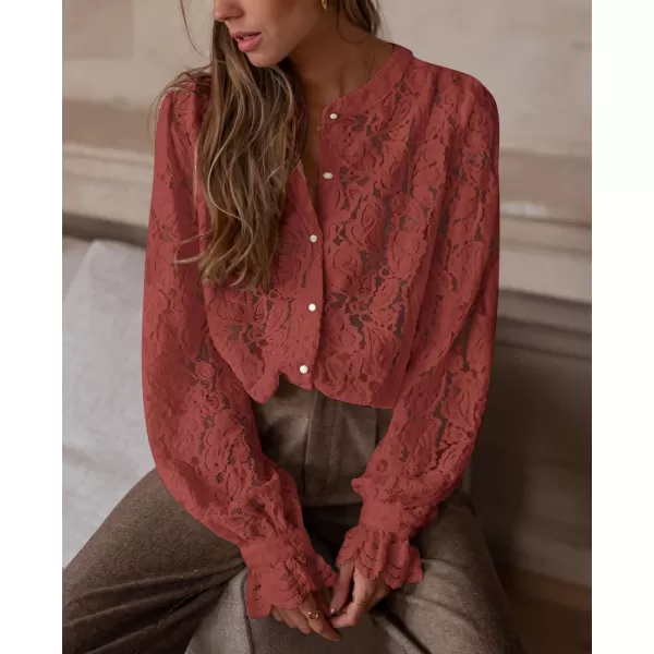 PRETTYGARDEN Womens Dressy Casual Lace Blouse Long Sleeve Button Up Shirts Tops Fall Fashion ClothesBrown Red