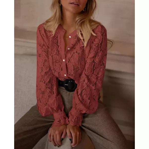 PRETTYGARDEN Womens Dressy Casual Lace Blouse Long Sleeve Button Up Shirts Tops Fall Fashion ClothesBrown Red