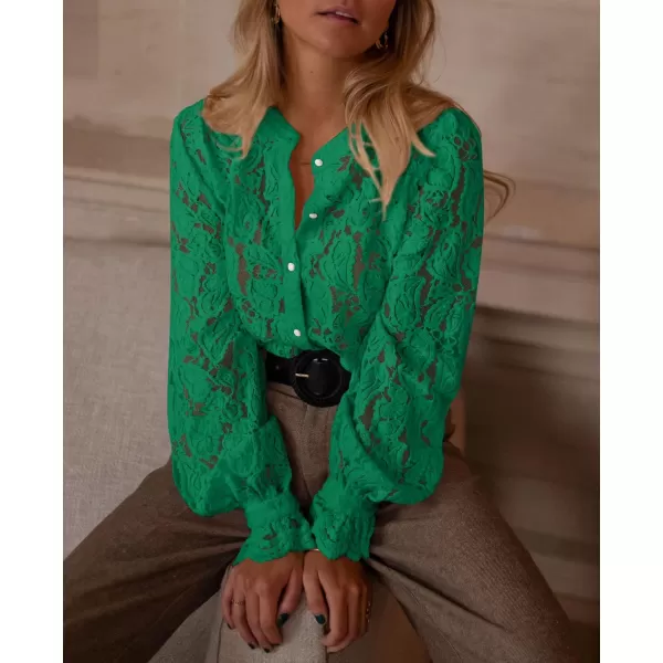 PRETTYGARDEN Womens Dressy Casual Lace Blouse Long Sleeve Button Up Shirts Tops Fall Fashion ClothesDark Green