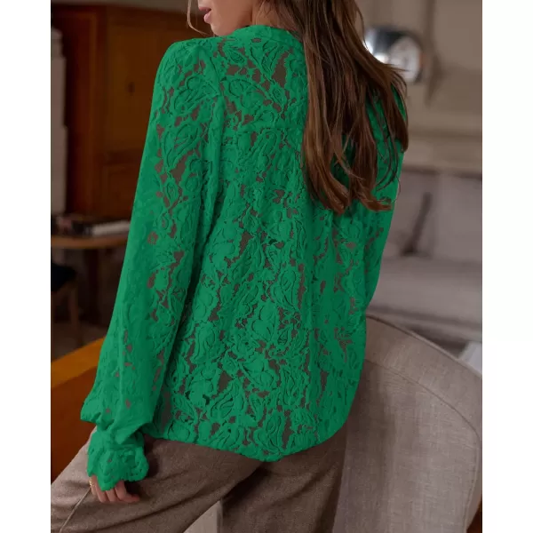 PRETTYGARDEN Womens Dressy Casual Lace Blouse Long Sleeve Button Up Shirts Tops Fall Fashion ClothesDark Green