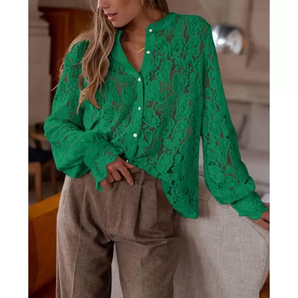 PRETTYGARDEN Womens Dressy Casual Lace Blouse Long Sleeve Button Up Shirts Tops Fall Fashion ClothesDark Green
