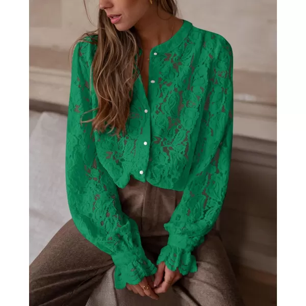 PRETTYGARDEN Womens Dressy Casual Lace Blouse Long Sleeve Button Up Shirts Tops Fall Fashion ClothesDark Green