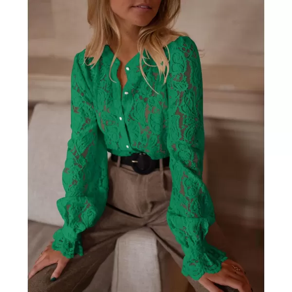 PRETTYGARDEN Womens Dressy Casual Lace Blouse Long Sleeve Button Up Shirts Tops Fall Fashion ClothesDark Green