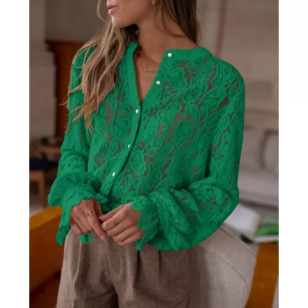 PRETTYGARDEN Womens Dressy Casual Lace Blouse Long Sleeve Button Up Shirts Tops Fall Fashion ClothesDark Green