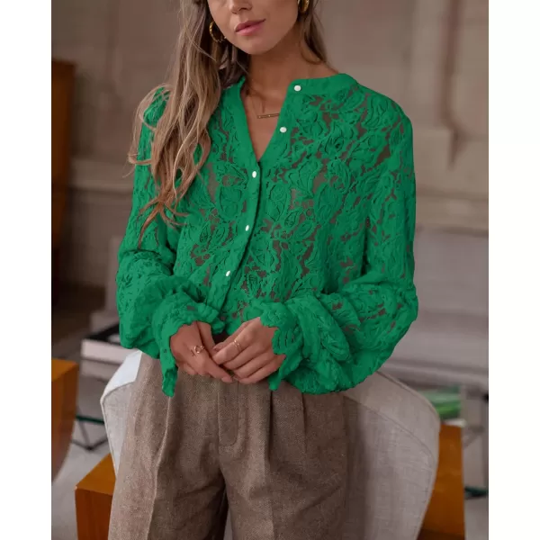 PRETTYGARDEN Womens Dressy Casual Lace Blouse Long Sleeve Button Up Shirts Tops Fall Fashion ClothesDark Green