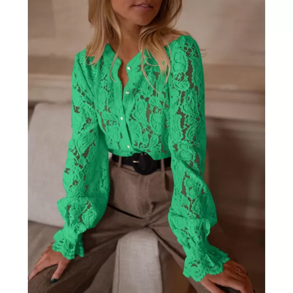 PRETTYGARDEN Womens Dressy Casual Lace Blouse Long Sleeve Button Up Shirts Tops Fall Fashion ClothesGreen