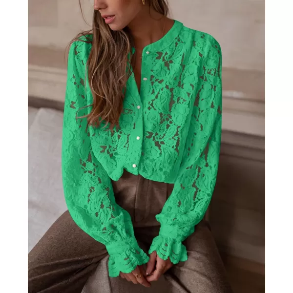 PRETTYGARDEN Womens Dressy Casual Lace Blouse Long Sleeve Button Up Shirts Tops Fall Fashion ClothesGreen