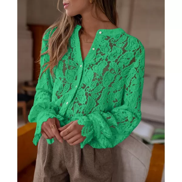 PRETTYGARDEN Womens Dressy Casual Lace Blouse Long Sleeve Button Up Shirts Tops Fall Fashion ClothesGreen