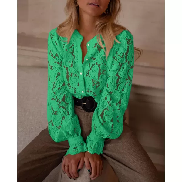 PRETTYGARDEN Womens Dressy Casual Lace Blouse Long Sleeve Button Up Shirts Tops Fall Fashion ClothesGreen