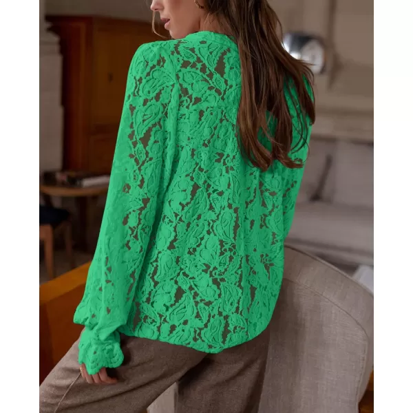 PRETTYGARDEN Womens Dressy Casual Lace Blouse Long Sleeve Button Up Shirts Tops Fall Fashion ClothesGreen