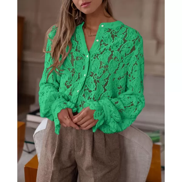 PRETTYGARDEN Womens Dressy Casual Lace Blouse Long Sleeve Button Up Shirts Tops Fall Fashion ClothesGreen