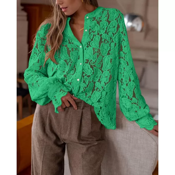 PRETTYGARDEN Womens Dressy Casual Lace Blouse Long Sleeve Button Up Shirts Tops Fall Fashion ClothesGreen