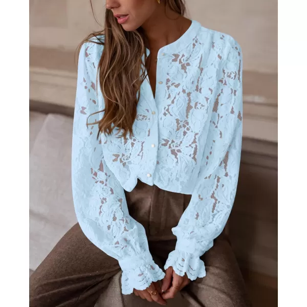 PRETTYGARDEN Womens Dressy Casual Lace Blouse Long Sleeve Button Up Shirts Tops Fall Fashion ClothesLight Blue