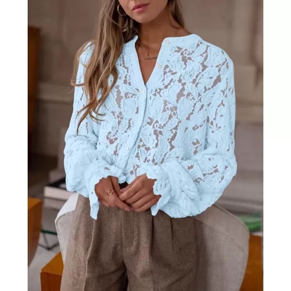 PRETTYGARDEN Womens Dressy Casual Lace Blouse Long Sleeve Button Up Shirts Tops Fall Fashion ClothesLight Blue