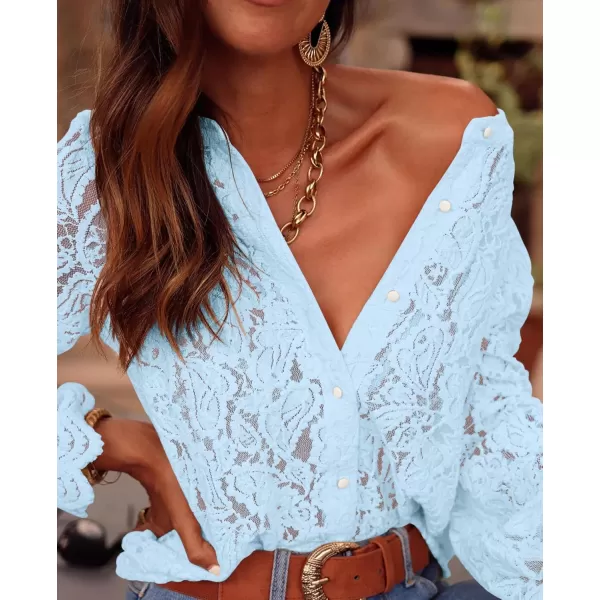 PRETTYGARDEN Womens Dressy Casual Lace Blouse Long Sleeve Button Up Shirts Tops Fall Fashion ClothesLight Blue
