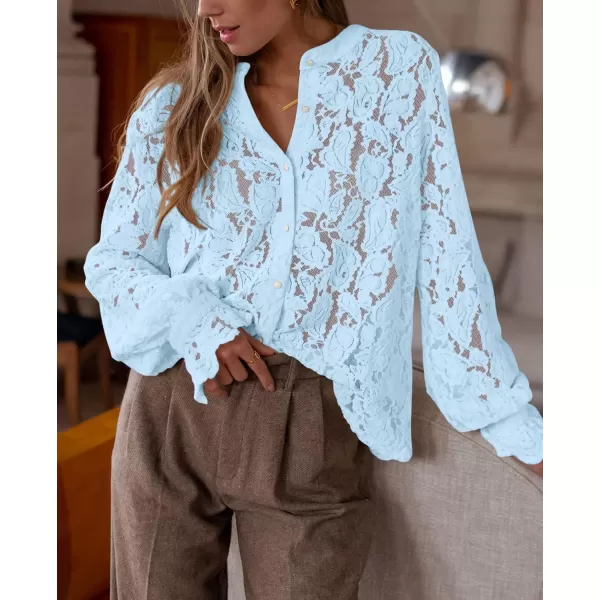 PRETTYGARDEN Womens Dressy Casual Lace Blouse Long Sleeve Button Up Shirts Tops Fall Fashion ClothesLight Blue