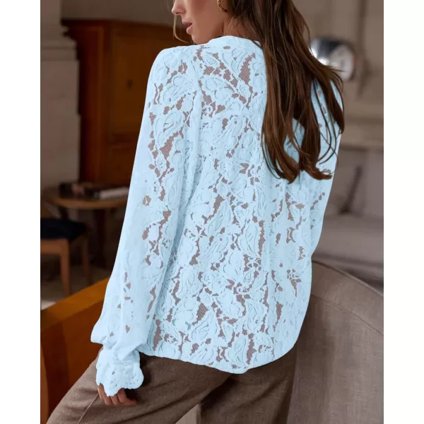 PRETTYGARDEN Womens Dressy Casual Lace Blouse Long Sleeve Button Up Shirts Tops Fall Fashion ClothesLight Blue