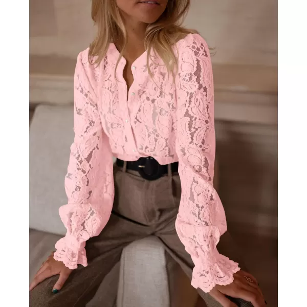 PRETTYGARDEN Womens Dressy Casual Lace Blouse Long Sleeve Button Up Shirts Tops Fall Fashion ClothesPink