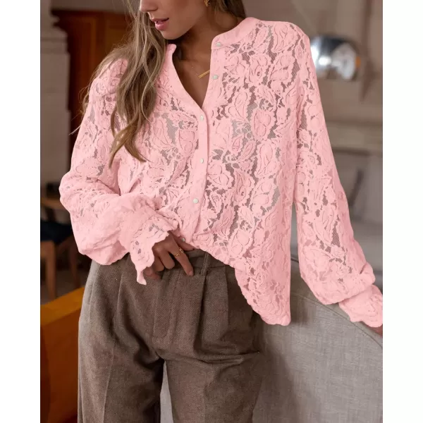 PRETTYGARDEN Womens Dressy Casual Lace Blouse Long Sleeve Button Up Shirts Tops Fall Fashion ClothesPink