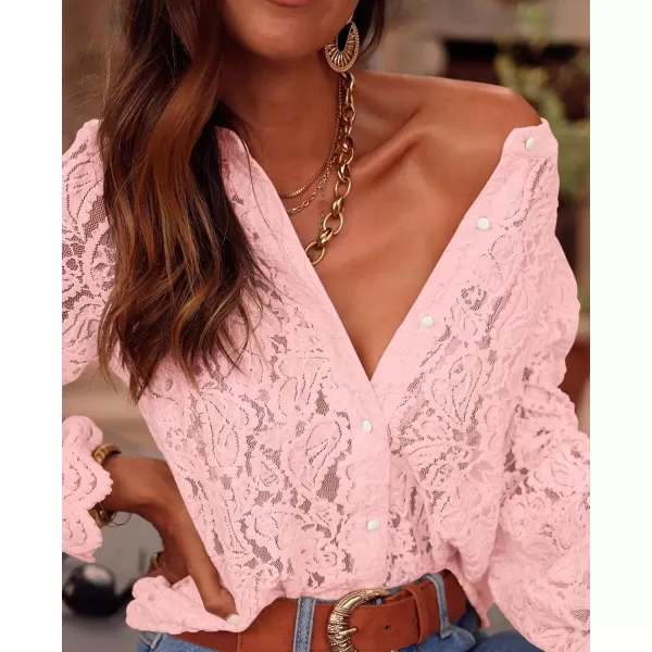 PRETTYGARDEN Womens Dressy Casual Lace Blouse Long Sleeve Button Up Shirts Tops Fall Fashion ClothesPink