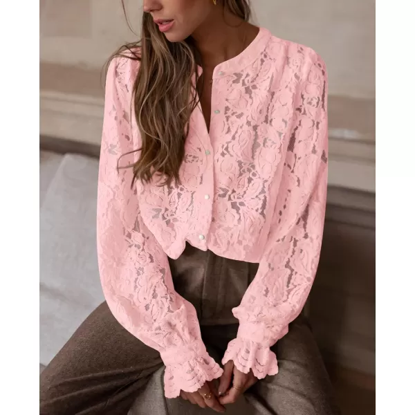 PRETTYGARDEN Womens Dressy Casual Lace Blouse Long Sleeve Button Up Shirts Tops Fall Fashion ClothesPink