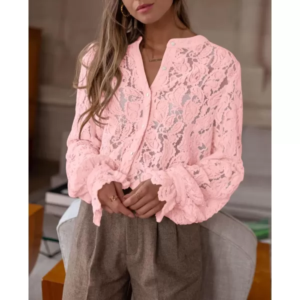 PRETTYGARDEN Womens Dressy Casual Lace Blouse Long Sleeve Button Up Shirts Tops Fall Fashion ClothesPink