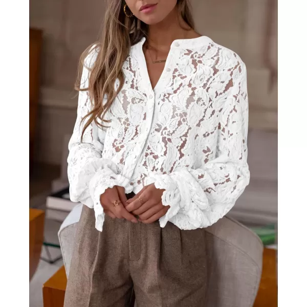 PRETTYGARDEN Womens Dressy Casual Lace Blouse Long Sleeve Button Up Shirts Tops Fall Fashion ClothesWhite