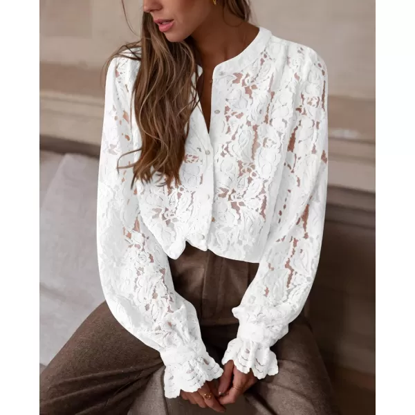 PRETTYGARDEN Womens Dressy Casual Lace Blouse Long Sleeve Button Up Shirts Tops Fall Fashion ClothesWhite
