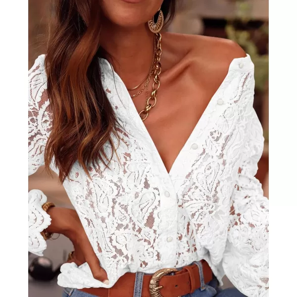 PRETTYGARDEN Womens Dressy Casual Lace Blouse Long Sleeve Button Up Shirts Tops Fall Fashion ClothesWhite