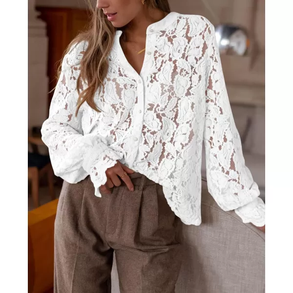 PRETTYGARDEN Womens Dressy Casual Lace Blouse Long Sleeve Button Up Shirts Tops Fall Fashion ClothesWhite