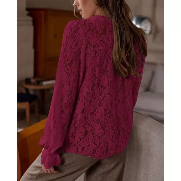 PRETTYGARDEN Womens Dressy Casual Lace Blouse Long Sleeve Button Up Shirts Tops Fall Fashion ClothesWine Red