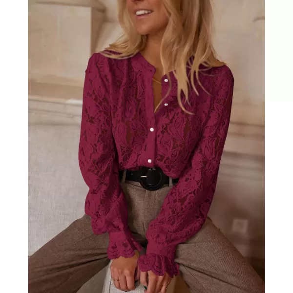 PRETTYGARDEN Womens Dressy Casual Lace Blouse Long Sleeve Button Up Shirts Tops Fall Fashion ClothesWine Red