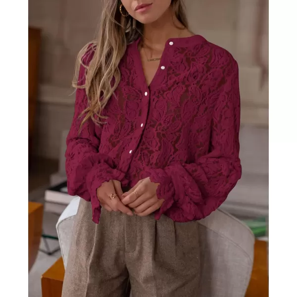 PRETTYGARDEN Womens Dressy Casual Lace Blouse Long Sleeve Button Up Shirts Tops Fall Fashion ClothesWine Red