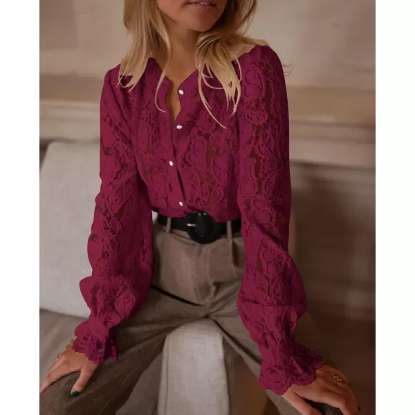 PRETTYGARDEN Womens Dressy Casual Lace Blouse Long Sleeve Button Up Shirts Tops Fall Fashion ClothesWine Red