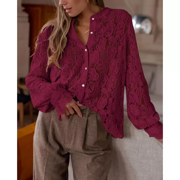 PRETTYGARDEN Womens Dressy Casual Lace Blouse Long Sleeve Button Up Shirts Tops Fall Fashion ClothesWine Red