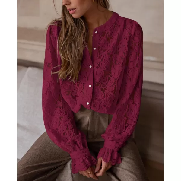 PRETTYGARDEN Womens Dressy Casual Lace Blouse Long Sleeve Button Up Shirts Tops Fall Fashion ClothesWine Red