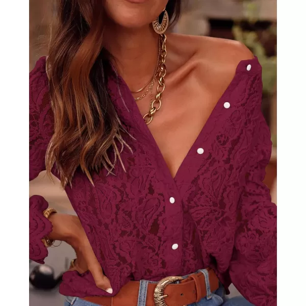 PRETTYGARDEN Womens Dressy Casual Lace Blouse Long Sleeve Button Up Shirts Tops Fall Fashion ClothesWine Red